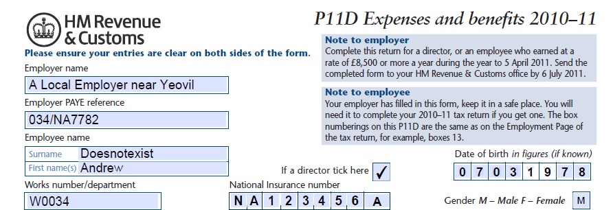 PIID form for reporting benefits in kind to HMRC
